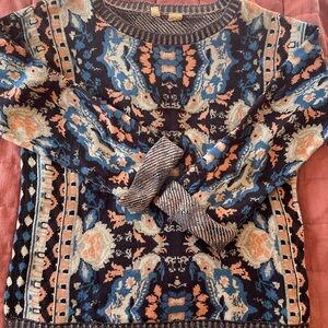 Moth Blue and Orange Patterned Knit Sweater